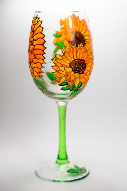 Hand Painted Sunflowers Wine Glass:  Floral Stemware