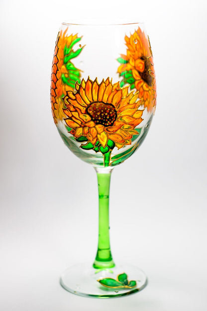 Hand Painted Sunflowers Wine Glass:  Floral Stemware