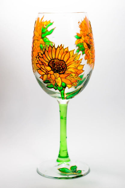 Hand Painted Sunflowers Wine Glass:  Floral Stemware
