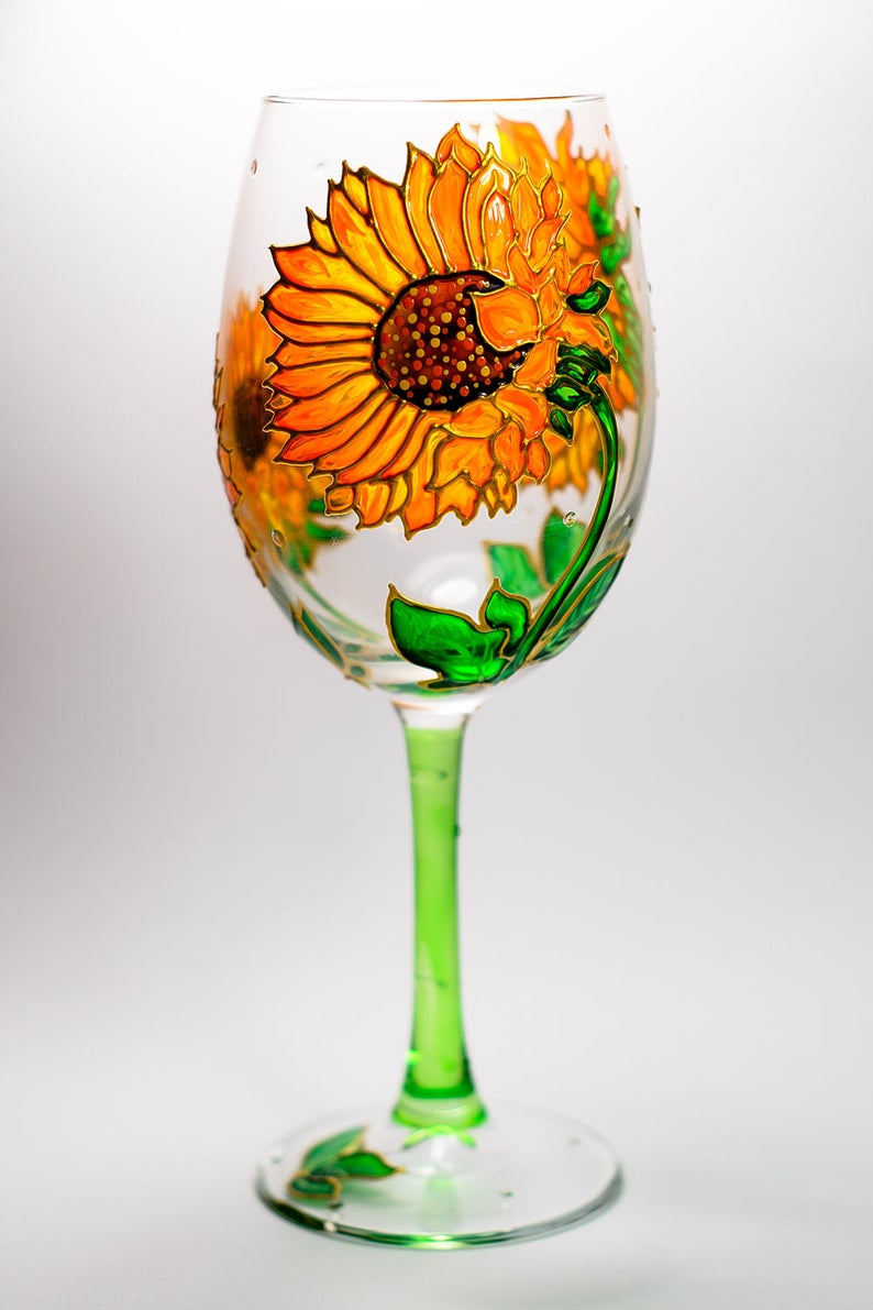 Hand Painted Sunflowers Wine Glass:  Floral Stemware