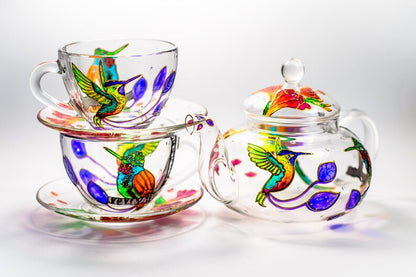 Hummingbird Tea Set Hand Painted Teapot with Cups and Saucers, Personalized Mom Birthday Gift