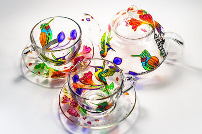Hummingbird Tea Set Hand Painted Teapot with Cups and Saucers, Personalized Mom Birthday Gift