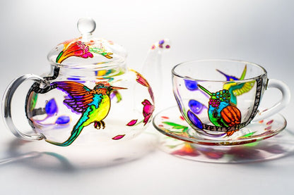 Hand Painted Hummingbird Glass Tea Set: Teapot, Cup & Saucer