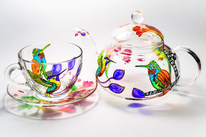 Hand Painted Hummingbird Glass Tea Set: Teapot, Cup & Saucer