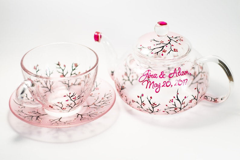Cherry Blossom Glass Tea Set: Teapot with Cup and Saucer