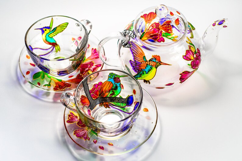 Hummingbird Tea Set Hand Painted Teapot with Cups and Saucers, Personalized Mom Birthday Gift