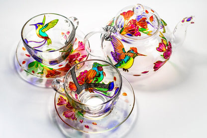 Hummingbird Tea Set Hand Painted Teapot with Cups and Saucers, Personalized Mom Birthday Gift