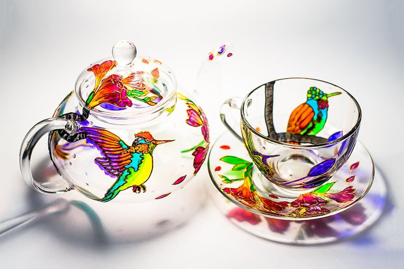 Hand Painted Hummingbird Glass Tea Set: Teapot, Cup & Saucer