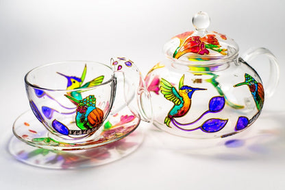 Hand Painted Hummingbird Glass Tea Set: Teapot, Cup & Saucer
