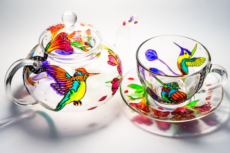Hand Painted Hummingbird Glass Tea Set: Teapot, Cup & Saucer