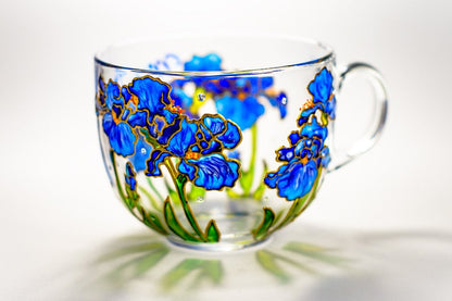 Floral Coffee Mug, Blue Irises Cup, Flowers Birthday Mug