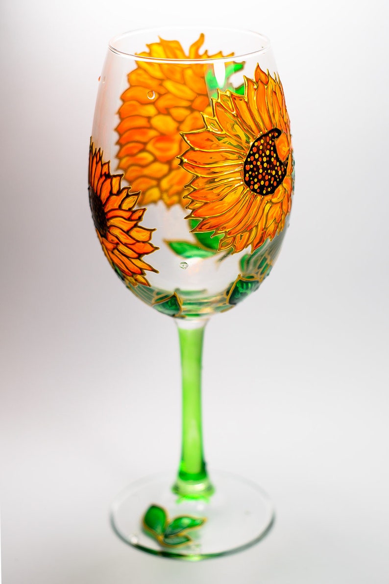 Hand Painted Sunflowers Wine Glass:  Floral Stemware