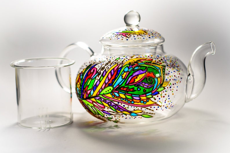 Hand Painted Glass Teapot: Feather Design, Tea Lover Gift