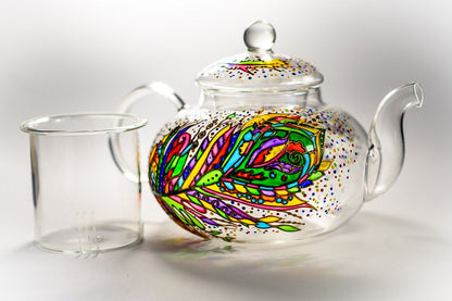 Hand Painted Glass Teapot: Feather Design, Tea Lover Gift
