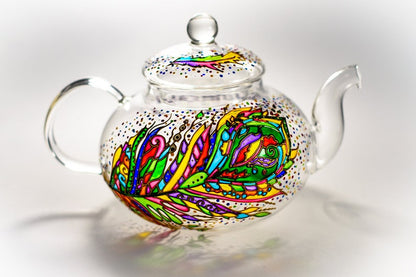 Hand Painted Glass Teapot: Feather Design, Tea Lover Gift