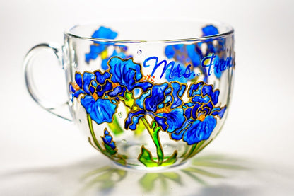Floral Coffee Mug, Blue Irises Cup, Flowers Birthday Mug