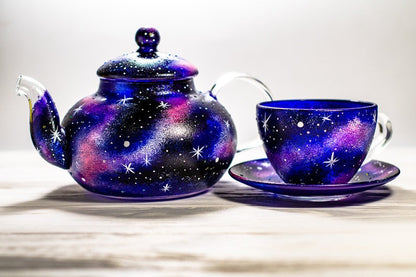 Hand Painted Celestial Glass Tea Set: Galaxy Teapot with Cup and Saucer