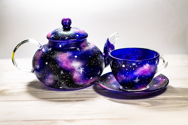 Hand Painted Celestial Glass Tea Set: Galaxy Teapot with Cup and Saucer