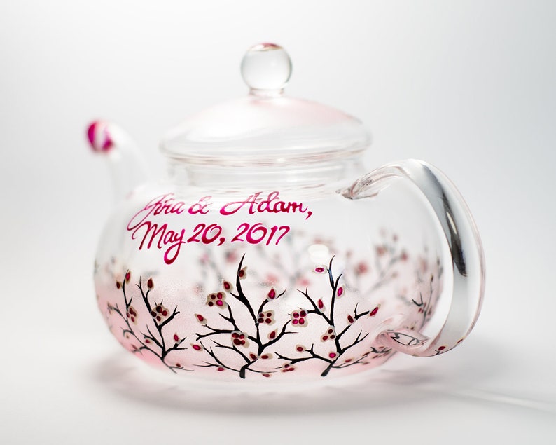 Glass Teapot Cherry Blossom, Unique Teapot Hand Painted Hostess Gift