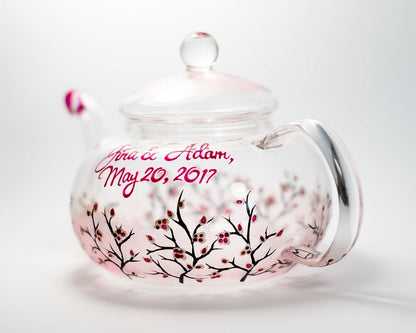 Glass Teapot Cherry Blossom, Unique Teapot Hand Painted Hostess Gift