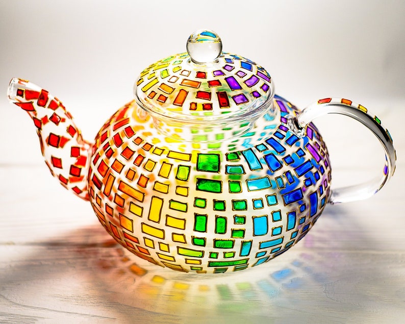 Hand Painted Glass Teapot with Infuser: Colorful Rainbow Design