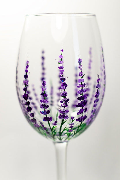 Hand Painted Lavender Wine Glass, Floral Birthday Gift