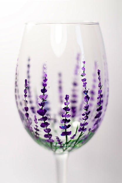 Hand Painted Lavender Wine Glass, Floral Birthday Gift