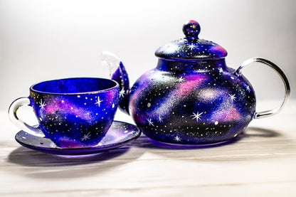 Hand Painted Celestial Glass Tea Set: Galaxy Teapot with Cup and Saucer