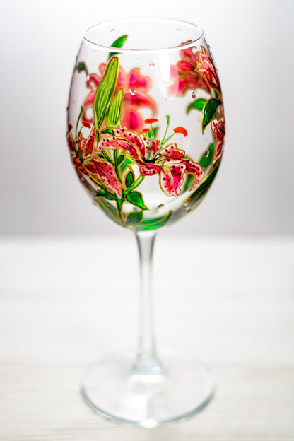 Flower Wine Glass, Hand Painted Floral Stargazer Lily Gift, Pink Lilies Flowers Gift