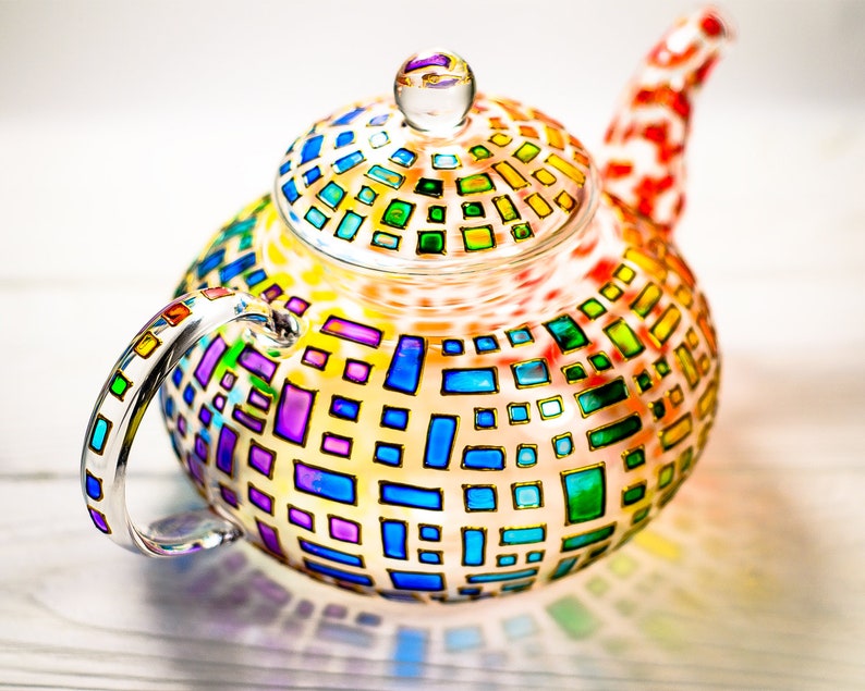 Hand Painted Glass Teapot with Infuser: Colorful Rainbow Design