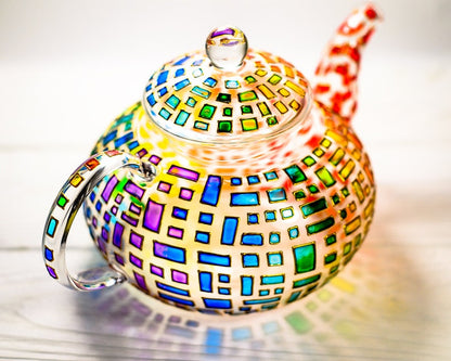 Hand Painted Glass Teapot with Infuser: Colorful Rainbow Design
