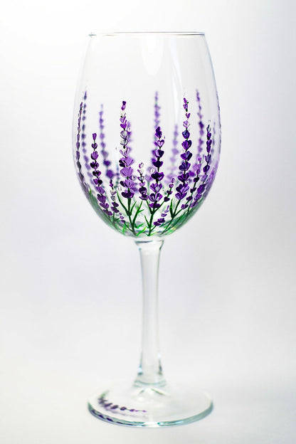 Hand Painted Lavender Wine Glass, Floral Birthday Gift