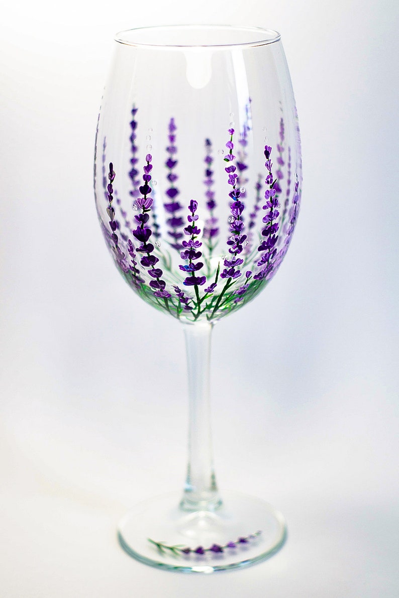 Hand Painted Lavender Wine Glass, Floral Birthday Gift