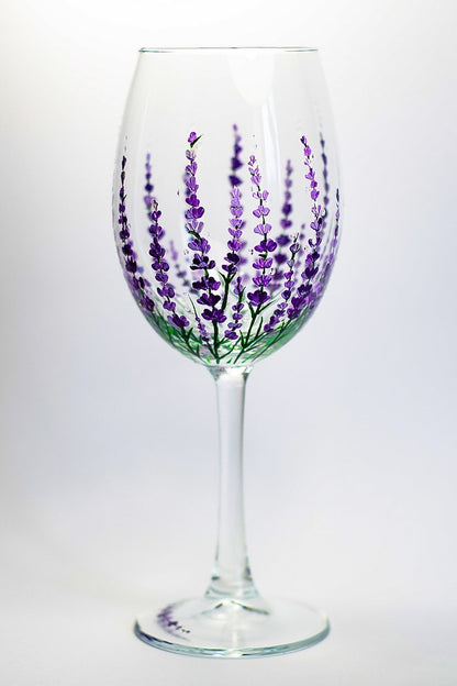 Hand Painted Lavender Wine Glass, Floral Birthday Gift