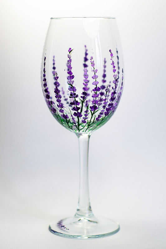 Hand Painted Lavender Wine Glass, Floral Birthday Gift