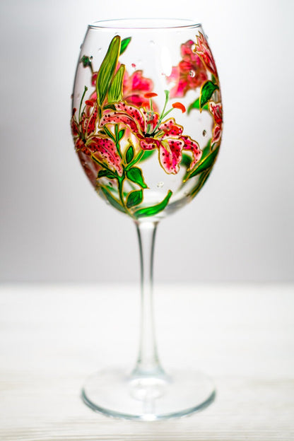 Flower Wine Glass, Hand Painted Floral Stargazer Lily Gift, Pink Lilies Flowers Gift