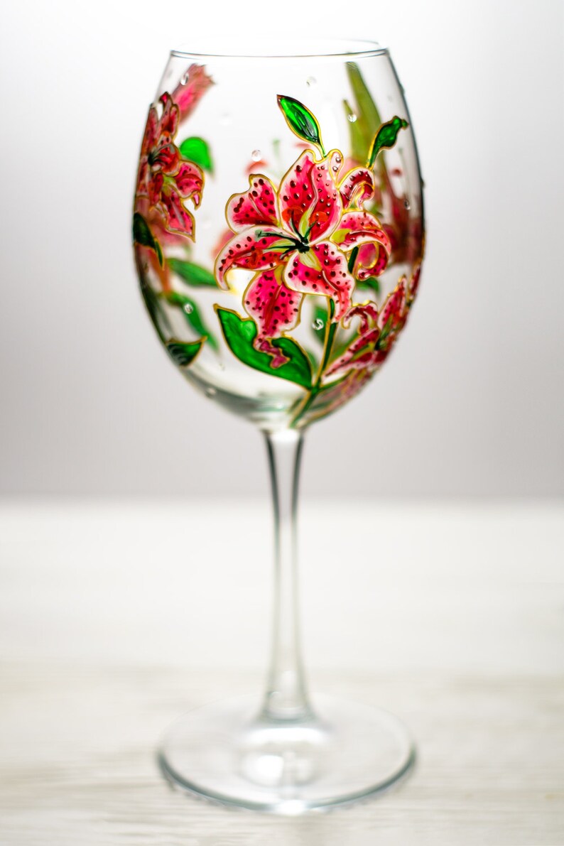Flower Wine Glass, Hand Painted Floral Stargazer Lily Gift, Pink Lilies Flowers Gift