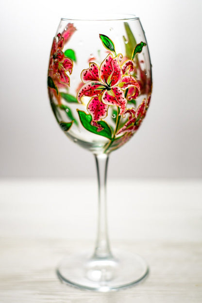 Flower Wine Glass, Hand Painted Floral Stargazer Lily Gift, Pink Lilies Flowers Gift