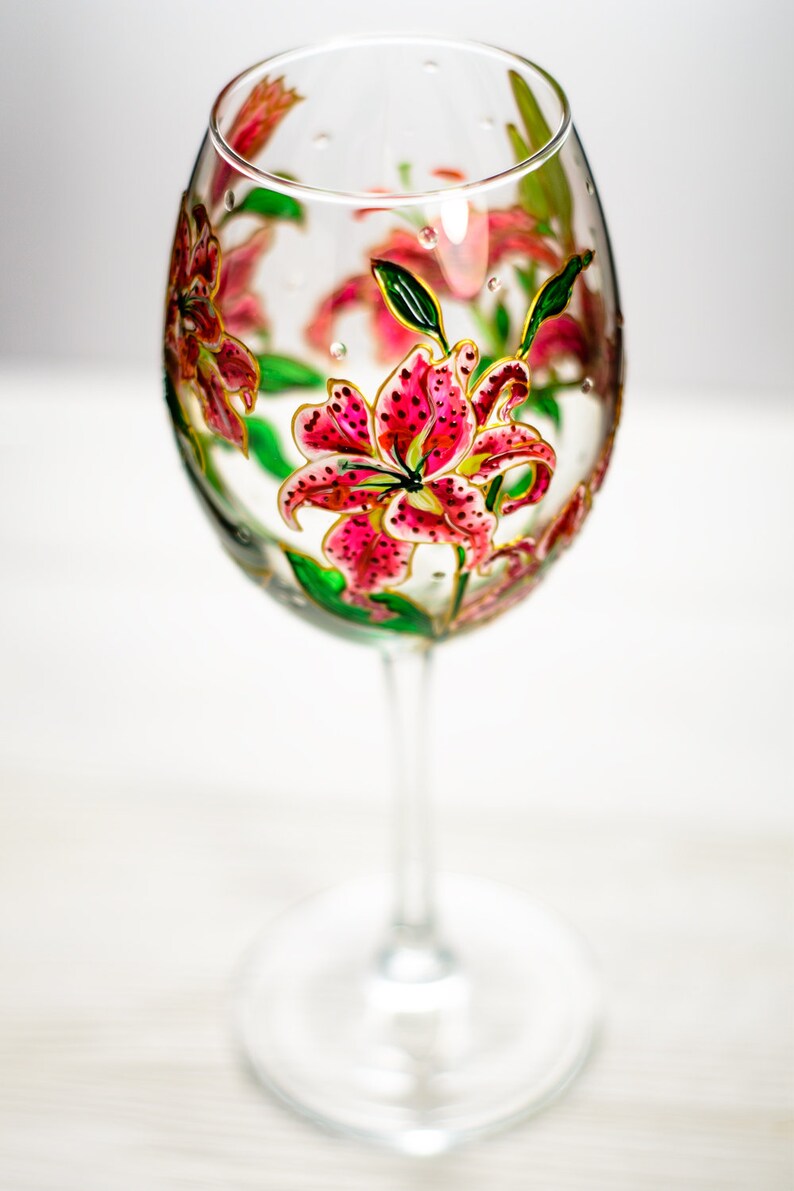 Flower Wine Glass, Hand Painted Floral Stargazer Lily Gift, Pink Lilies Flowers Gift