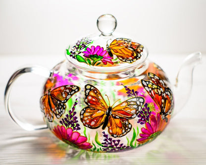 Glass Teapot Butterflies and Flowers, Hand Painted Tea Pot with Infuser, Personalized Grandma Gift