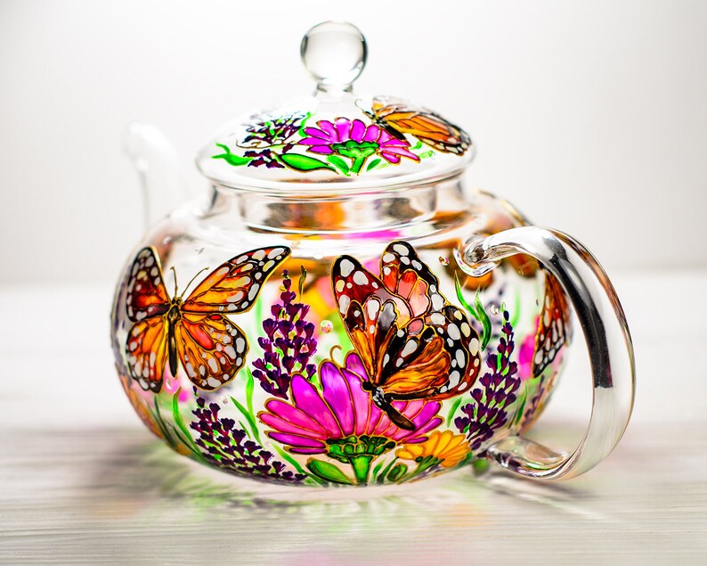 Glass Teapot Butterflies and Flowers, Hand Painted Tea Pot with Infuser, Personalized Grandma Gift