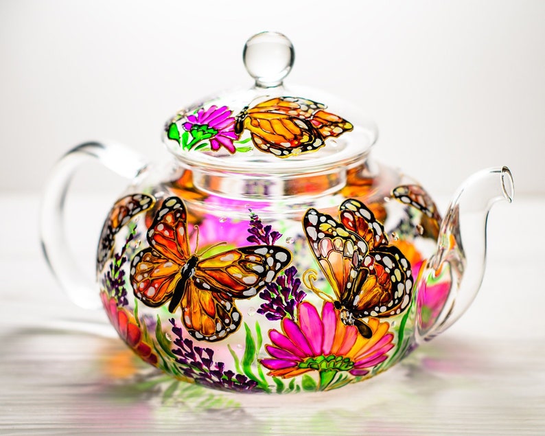 Glass Teapot Butterflies and Flowers, Hand Painted Tea Pot with Infuser, Personalized Grandma Gift