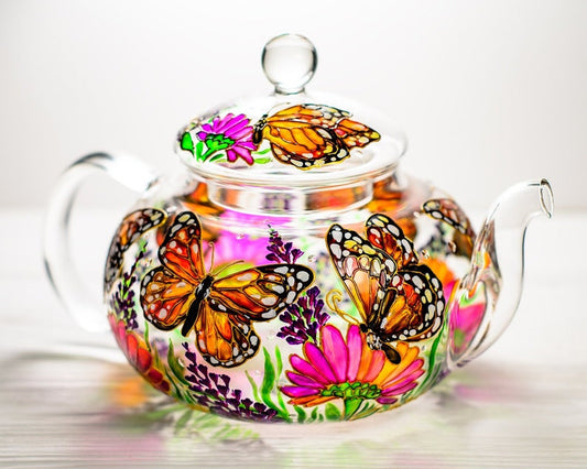 Glass Teapot Butterflies and Flowers, Hand Painted Tea Pot with Infuser, Personalized Grandma Gift