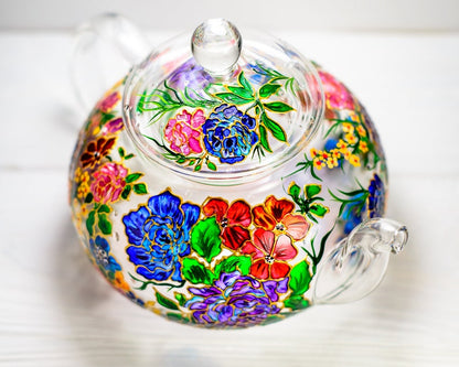 Gift for Mom Glass Teapot with Flowers, Wildflowers Tea Pot, Christmas Gift Mom