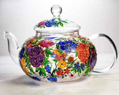 Gift for Mom Glass Teapot with Flowers, Wildflowers Tea Pot, Christmas Gift Mom