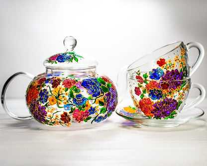 Hand Painted Flowers Glass Tea Set: Teapot with 2 Cups