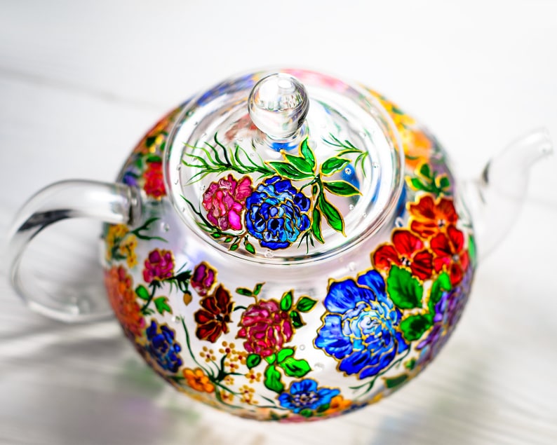 Hand Painted Flowers Glass Tea Set: Teapot with 2 Cups