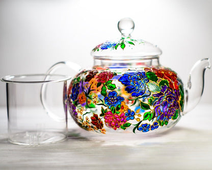 Hand Painted Flowers Glass Tea Set: Teapot with 2 Cups