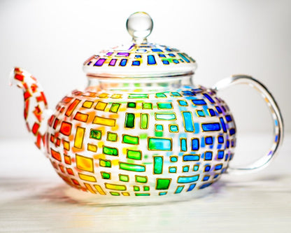 Hand Painted Glass Teapot with Infuser: Colorful Rainbow Design
