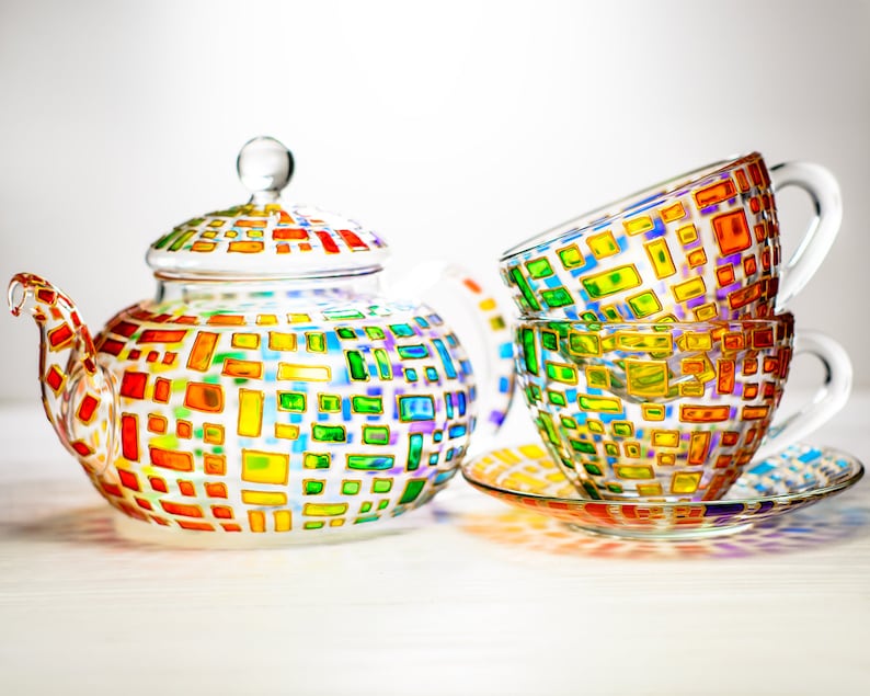 Colorful Glass Teapot Set: Hand Painted Tea Set, New Home Gift